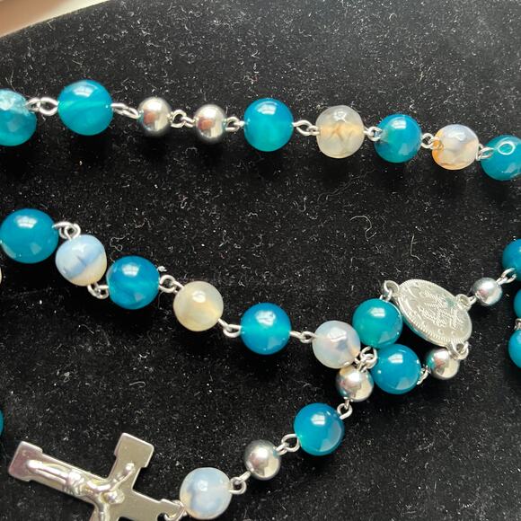 Blue Chalcedony Stone Miraculous Medal Rosary 3D Crucifix Catholic Silver Bead - Picture 2 of 8